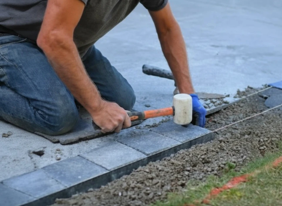 Ouvrier en &eacute;quipement de s&eacute;curit&eacute; orange et casque blanc installant du pavage ext&eacute;rieur, agenouill&eacute; sur dalle b&eacute;ton, utilisant outil de coupe sur pav&eacute;s gris